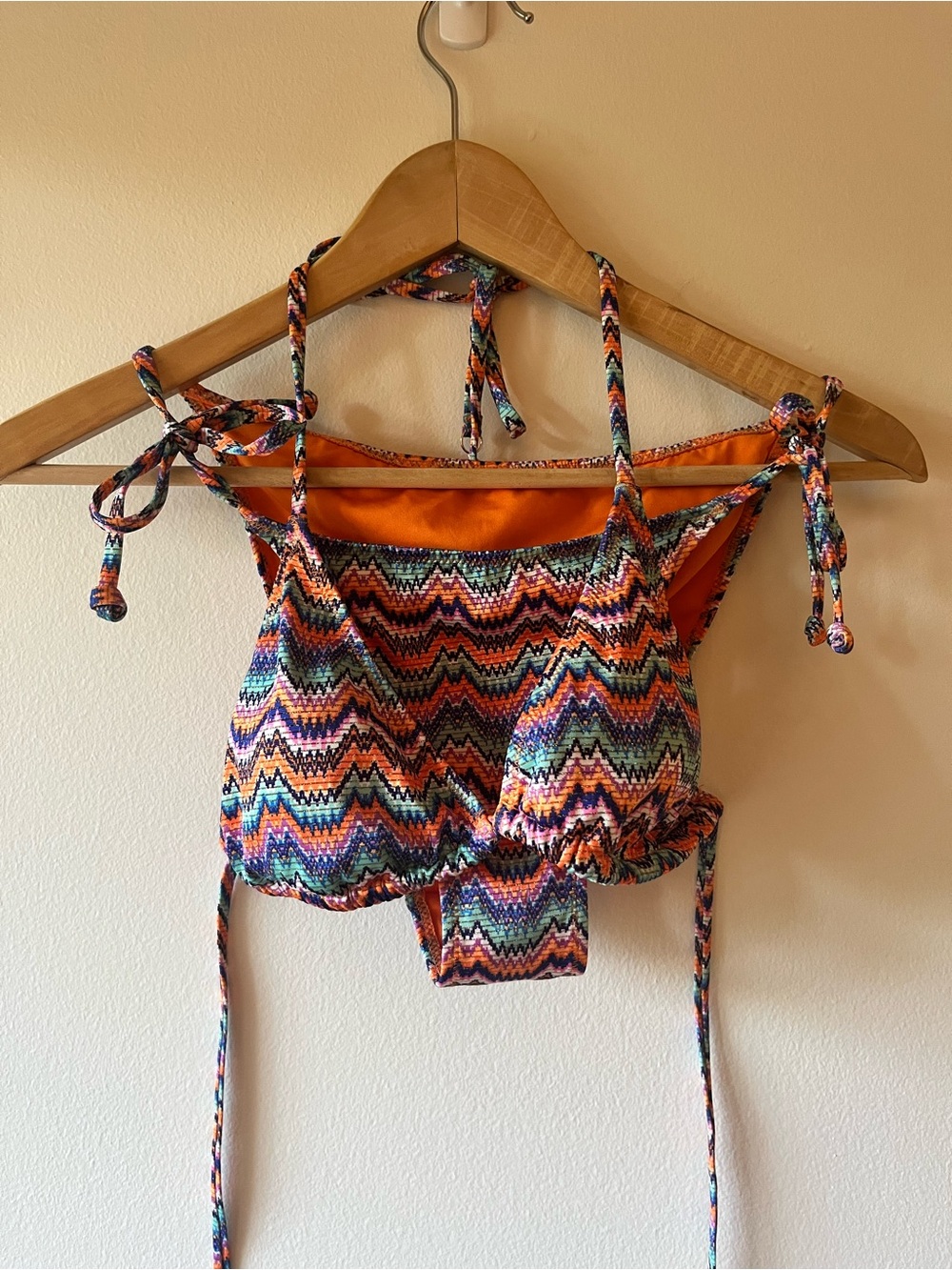 Multicolor Chevron Tie-Strap Bikini with Orange Lining